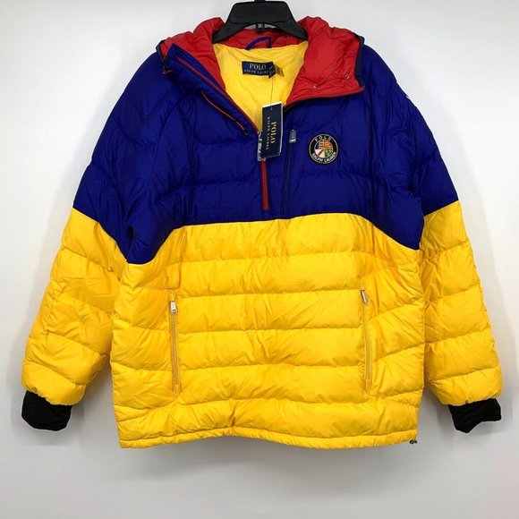 Polo Ralph Lauren Puffer Jacket Down Fill Glacier Hooded Yellow Blue - Picture 4 of 16